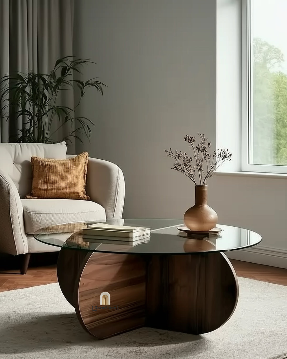 Table Basse Ronde en Bois et Verre Trempé