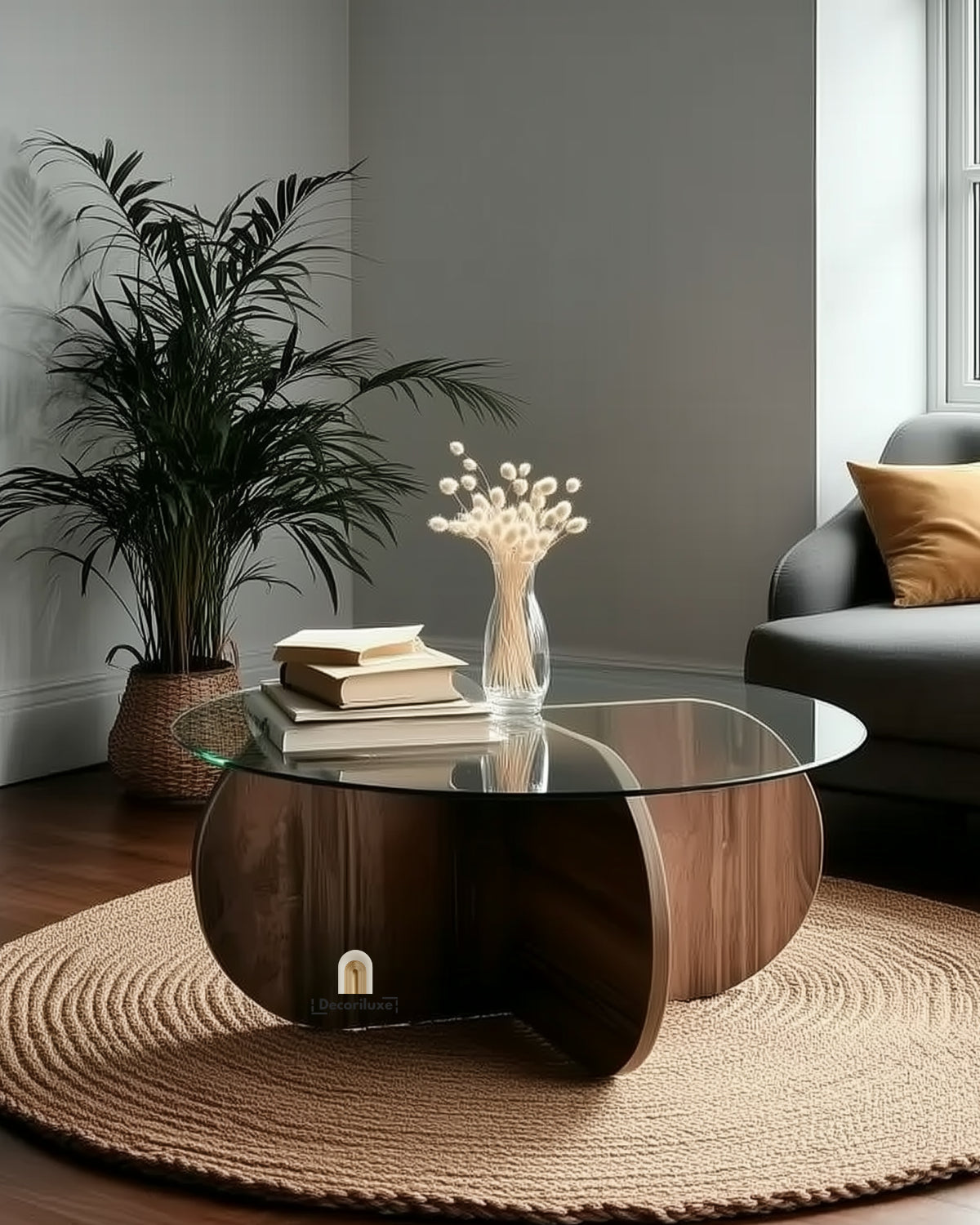 Table Basse Ronde en Bois et Verre Trempé