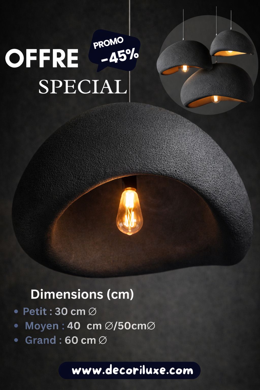 CONCHA – Suspension organique noire en résine texturée