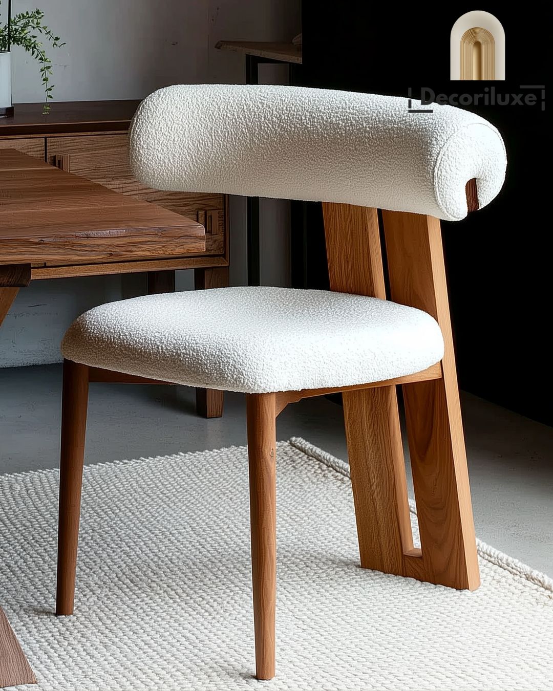 Chaise Design en Bois Massif et Tissu Bouclé