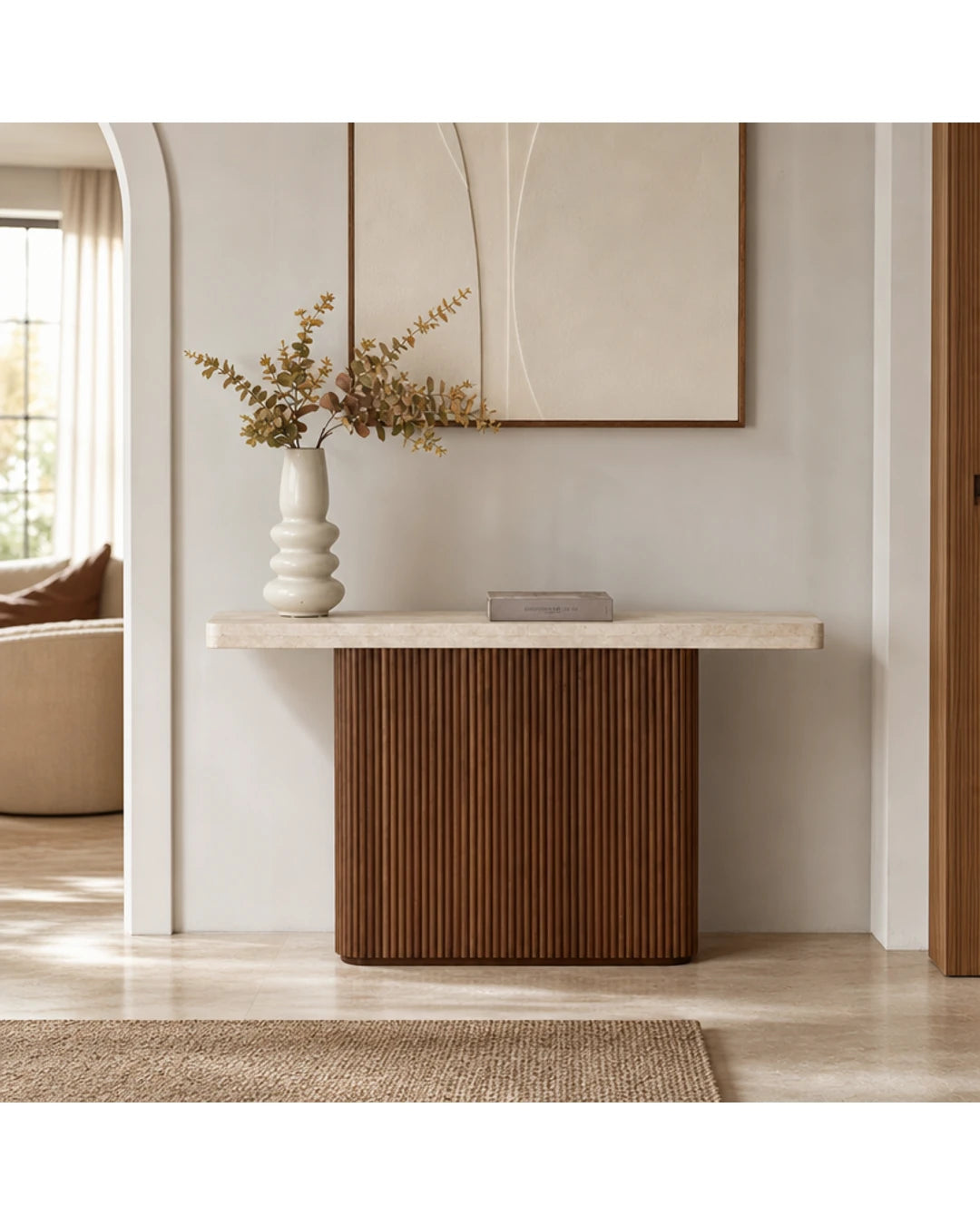 Console en travertin et hetre teinte