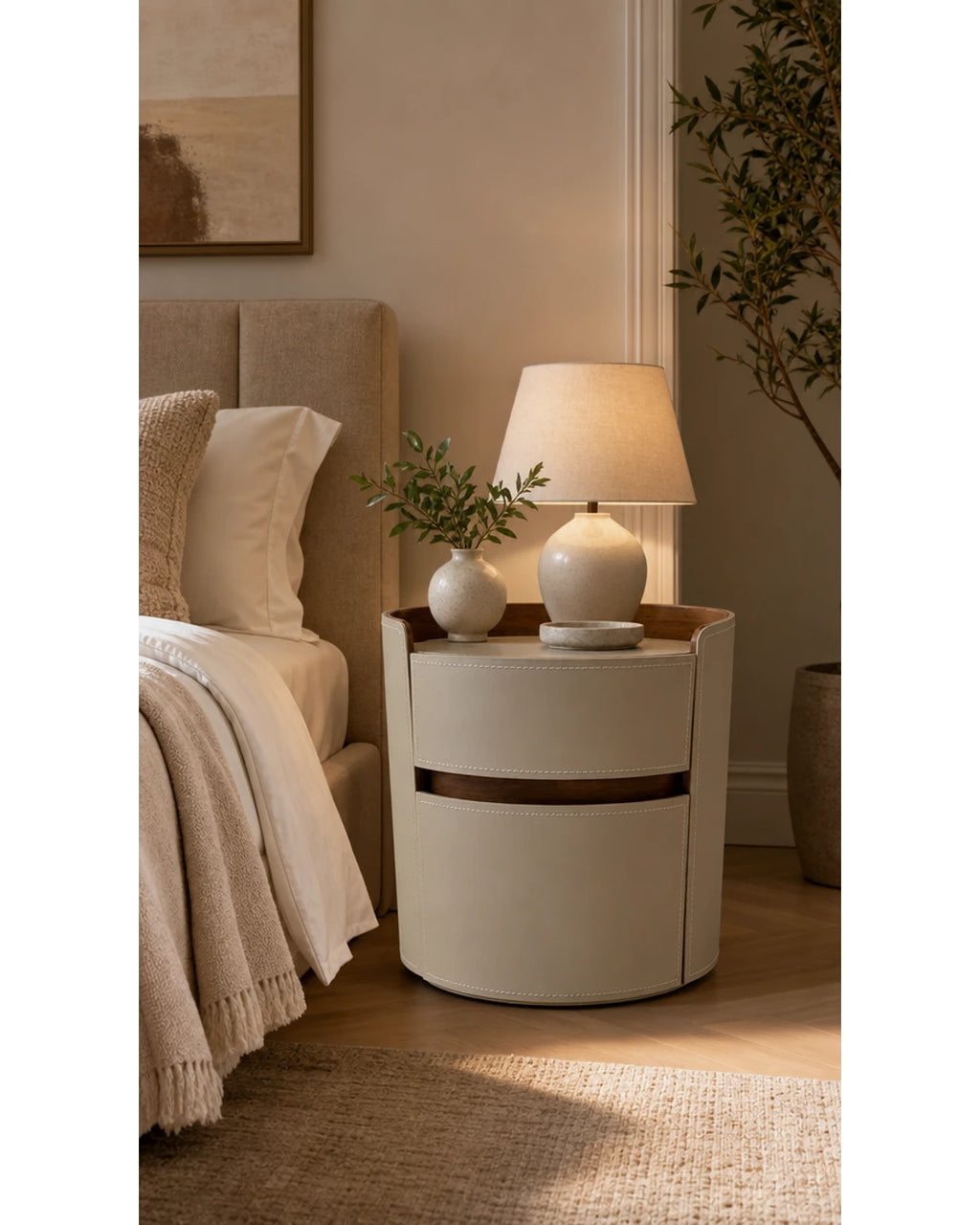 Table de chevet cylindrique dans une chambre