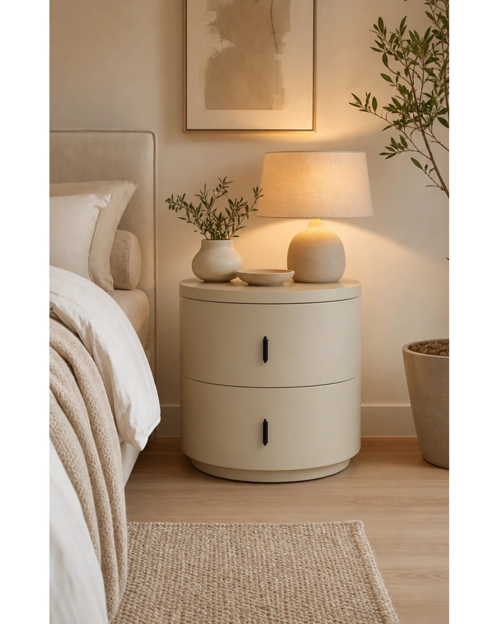 Table d'appoint cylindrique dans un salon contemporain