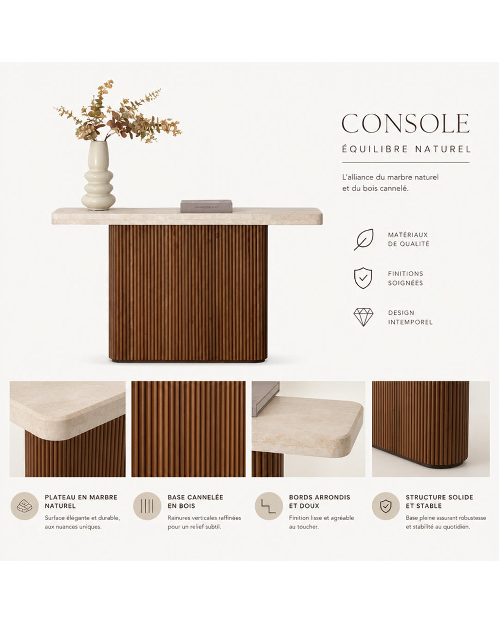 Console en travertin et hetre teinte