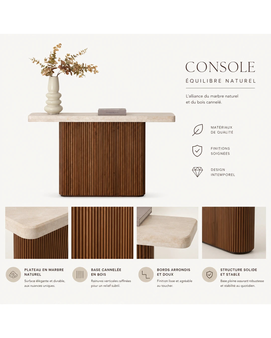 Console en travertin et hetre teinte