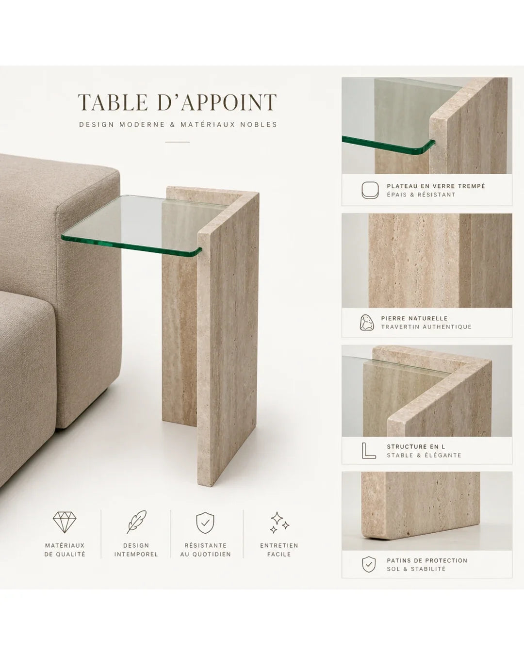 Table d’appoint Anise au design moderne avec plateau en verre clair