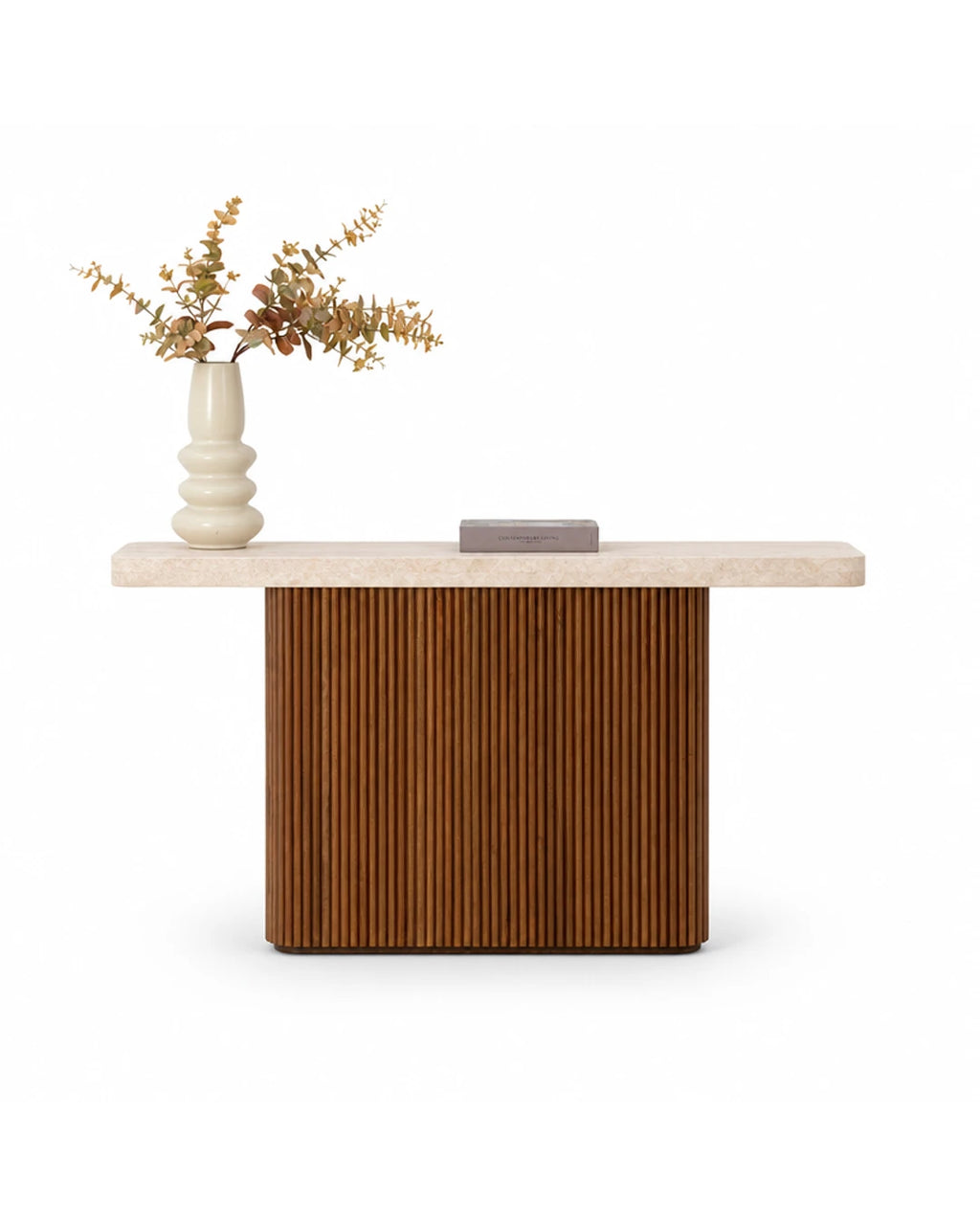 Console Senza en travertin et hetre teinte sur fond blanc
