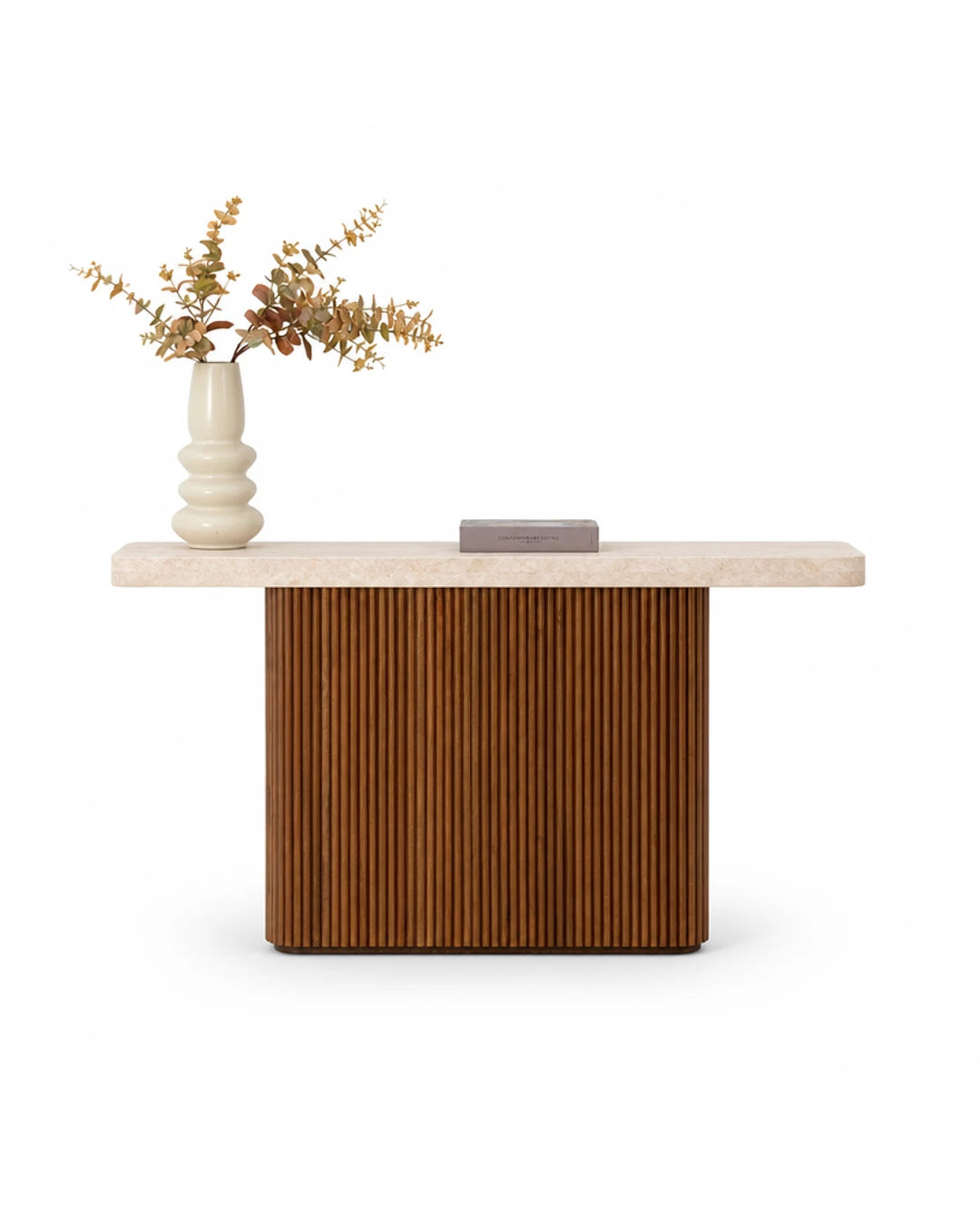 Console Senza en travertin et hetre teinte sur fond blanc