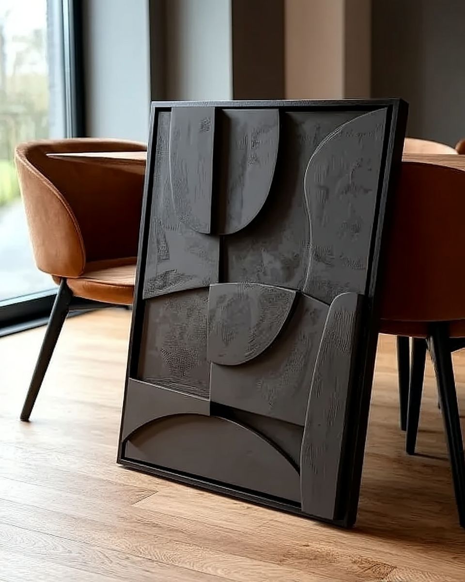Tableau Mural Sculptural Noir – Design Géométrique 3D