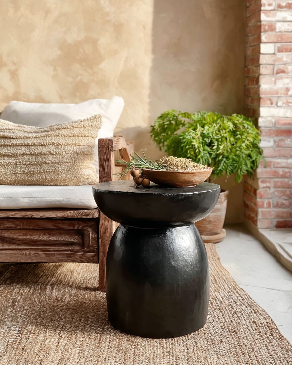 Table d’Appoint Sculpturale Noire – Design Moderne et Naturel