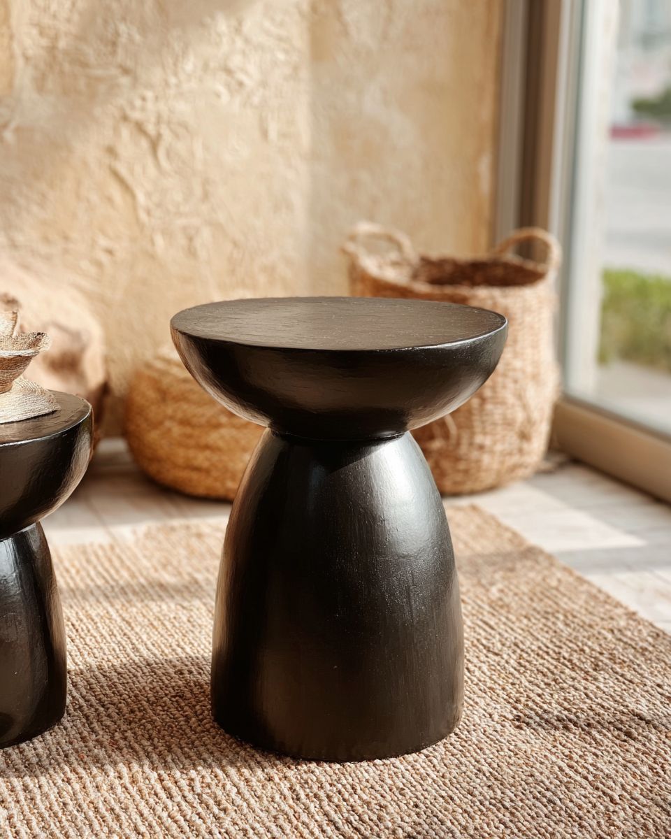 Table d’Appoint Sculpturale Noire – Design Moderne et Naturel